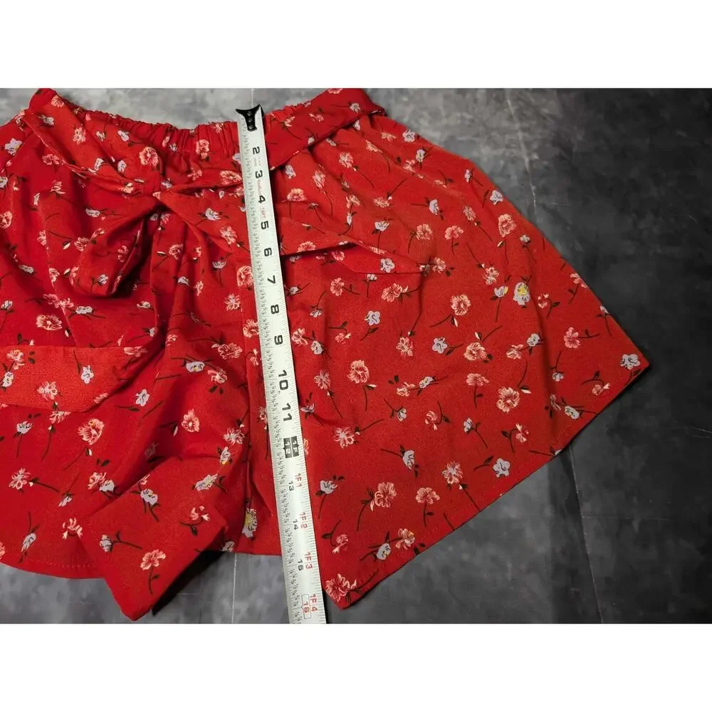Ditsy Red Floral Surplice Front Shirred Top & Belted Shorts Spring Summer Size M